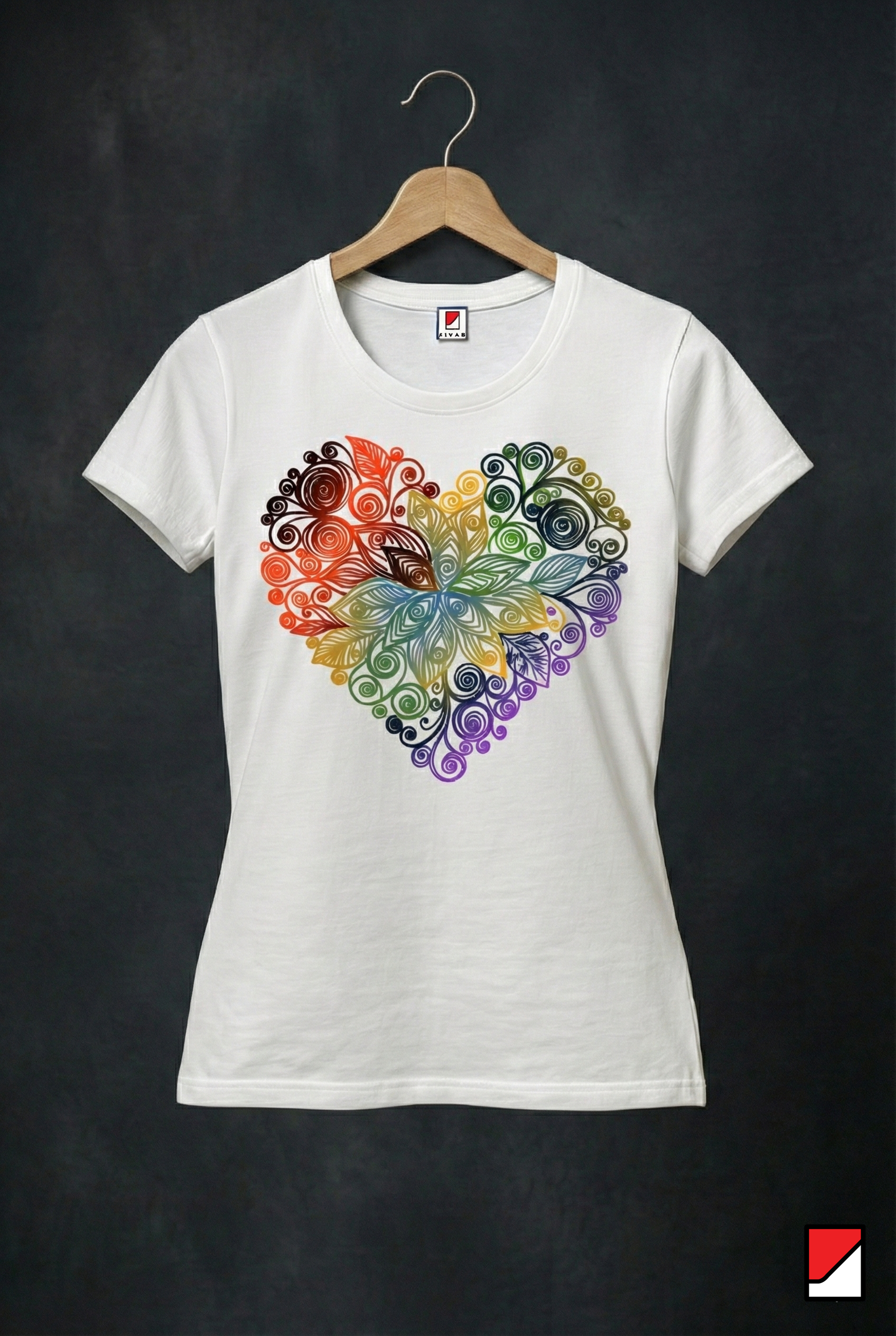 Women’s White Graphic T-Shirt – Colorful Mandala Heart Print, Soft Cotton Tee
