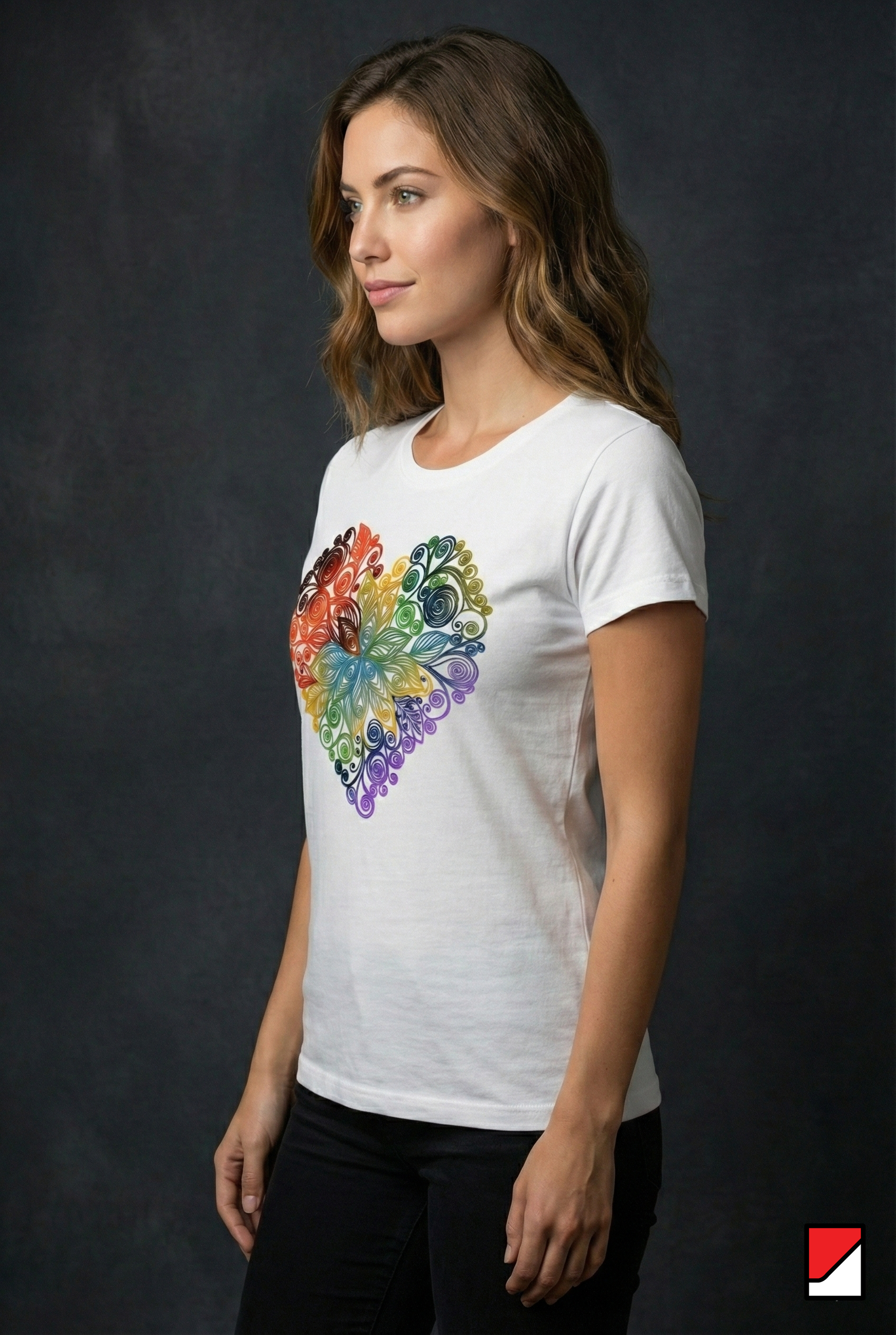 Women’s White Graphic T-Shirt – Colorful Mandala Heart Print, Soft Cotton Tee