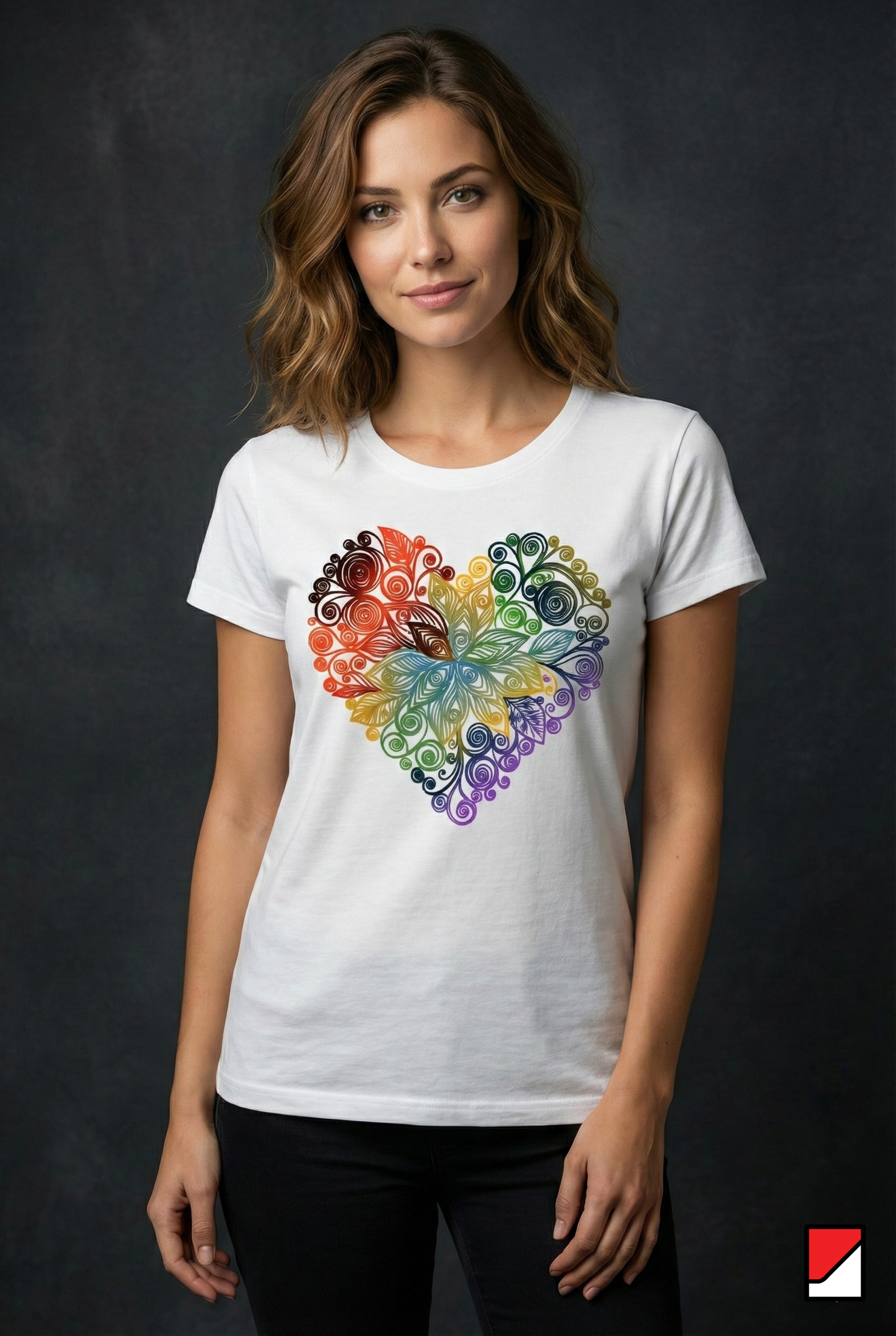 Women’s White Graphic T-Shirt – Colorful Mandala Heart Print, Soft Cotton Tee