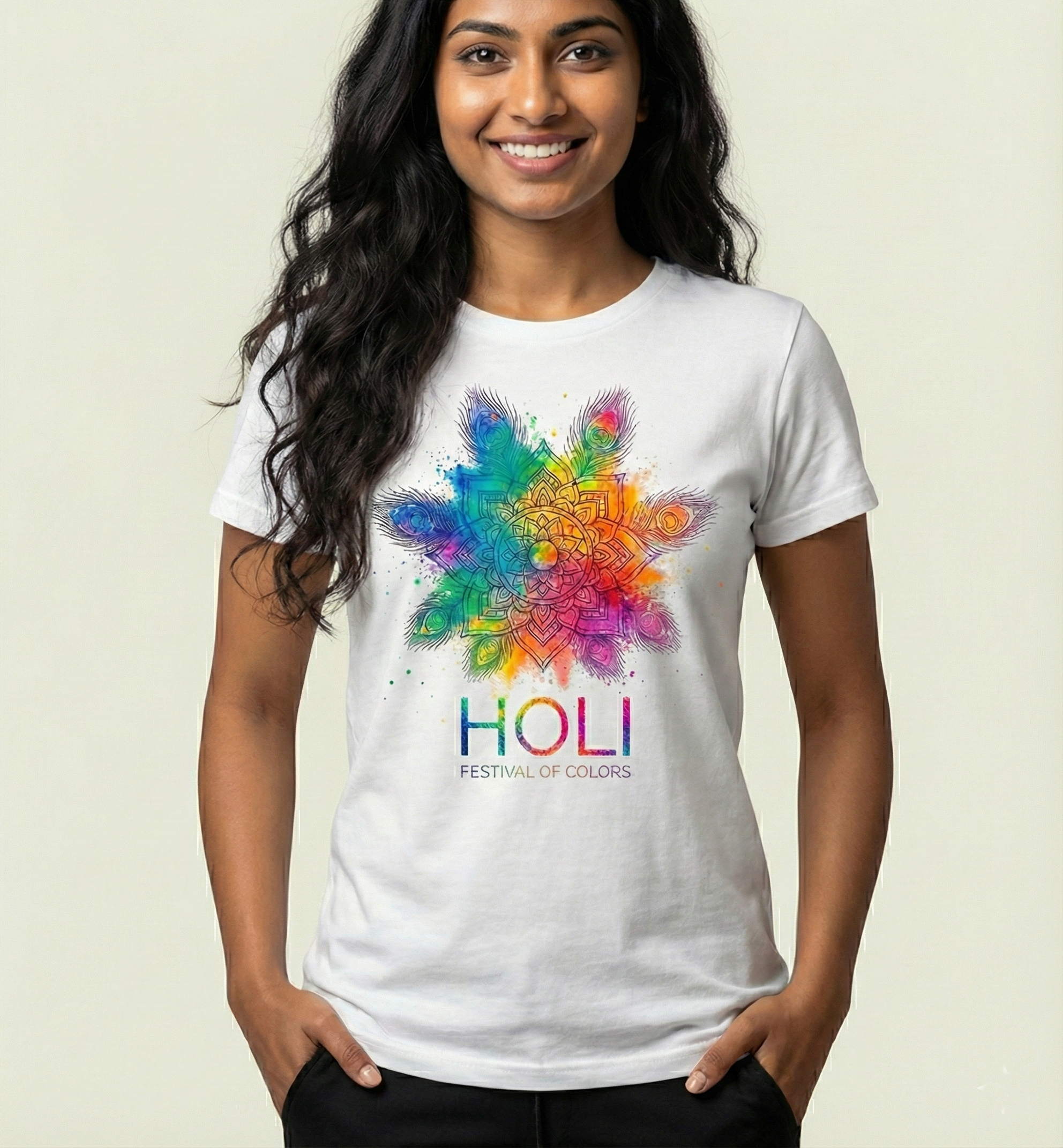 Holi Festival of Colors Unisex T-Shirt – Mandala Peacock Color Splash Graphic Tee | White Cotton