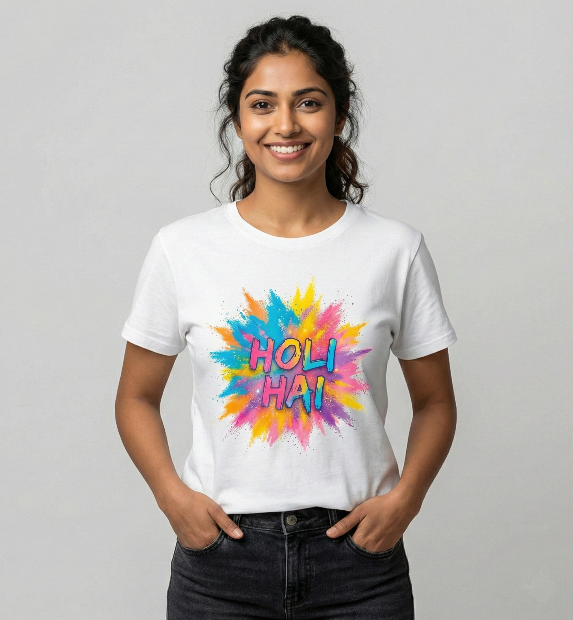 Holi Hai Printed T-Shirt Unisex – Color Splash Festival Graphic Tee | White Cotton Casual Wear