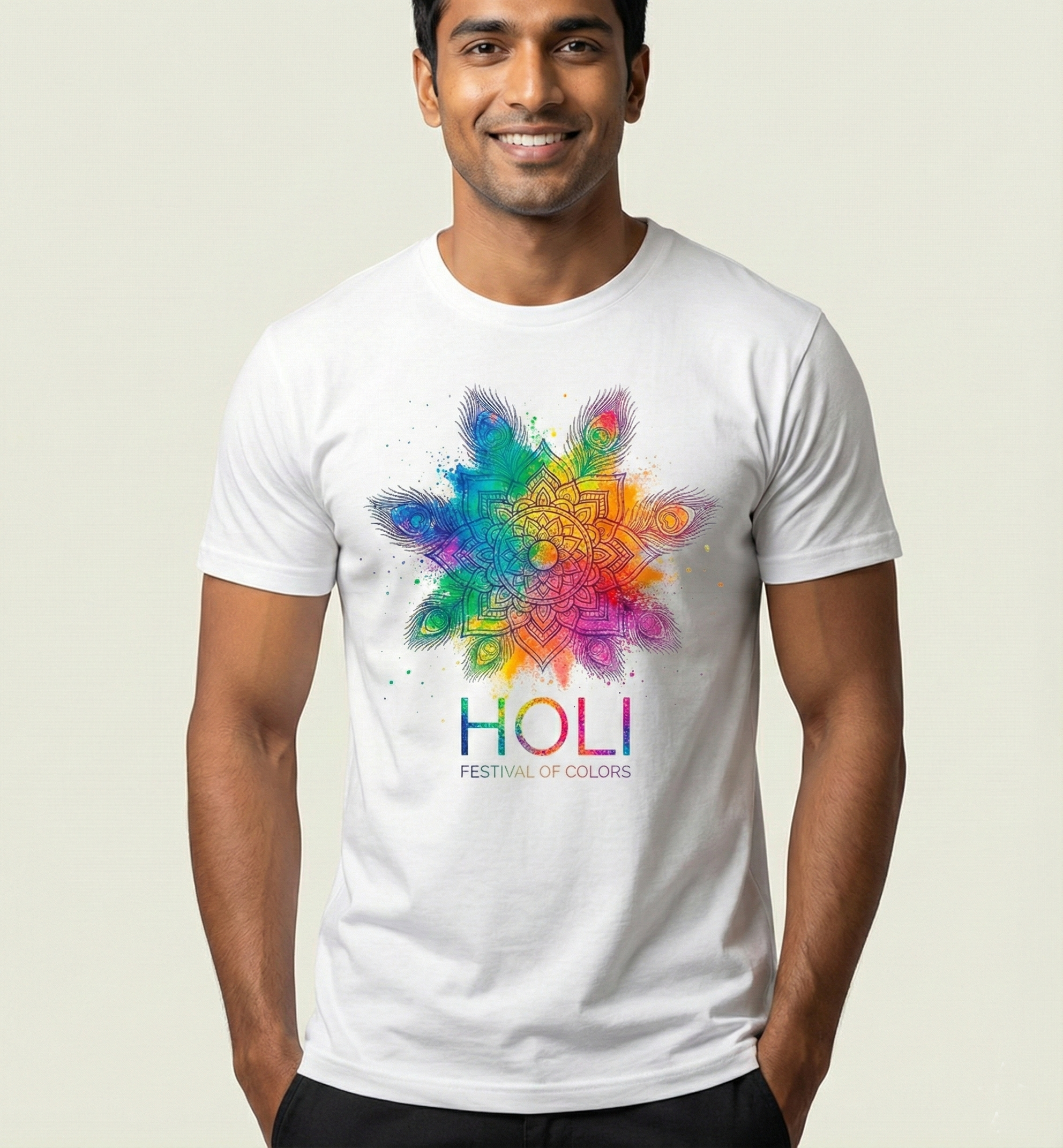 Holi Festival of Colors Unisex T-Shirt – Mandala Peacock Color Splash Graphic Tee | White Cotton