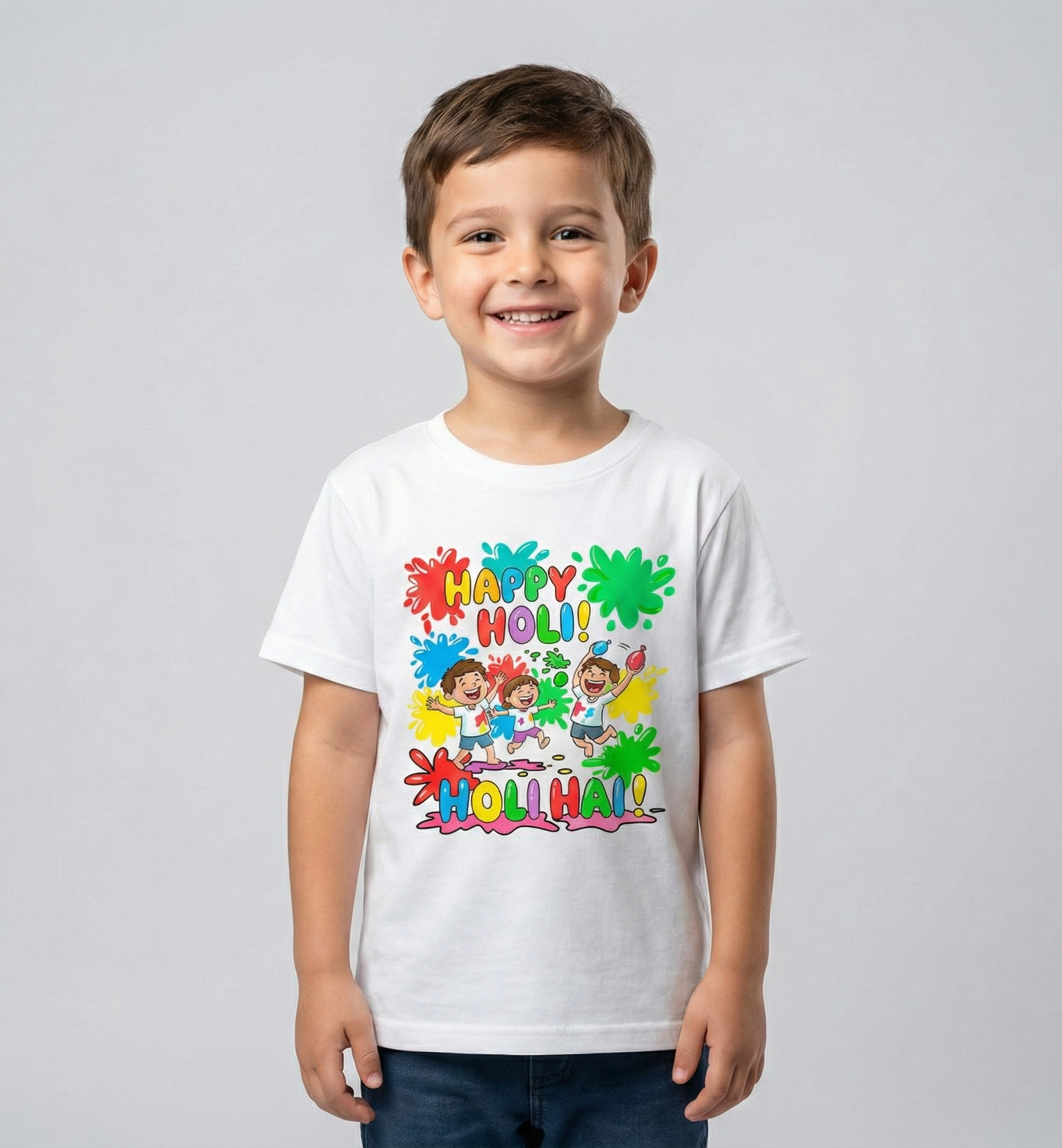 Kids Happy Holi T-Shirt | Cute Color Splash Holi Hai Print | White Festival Tee