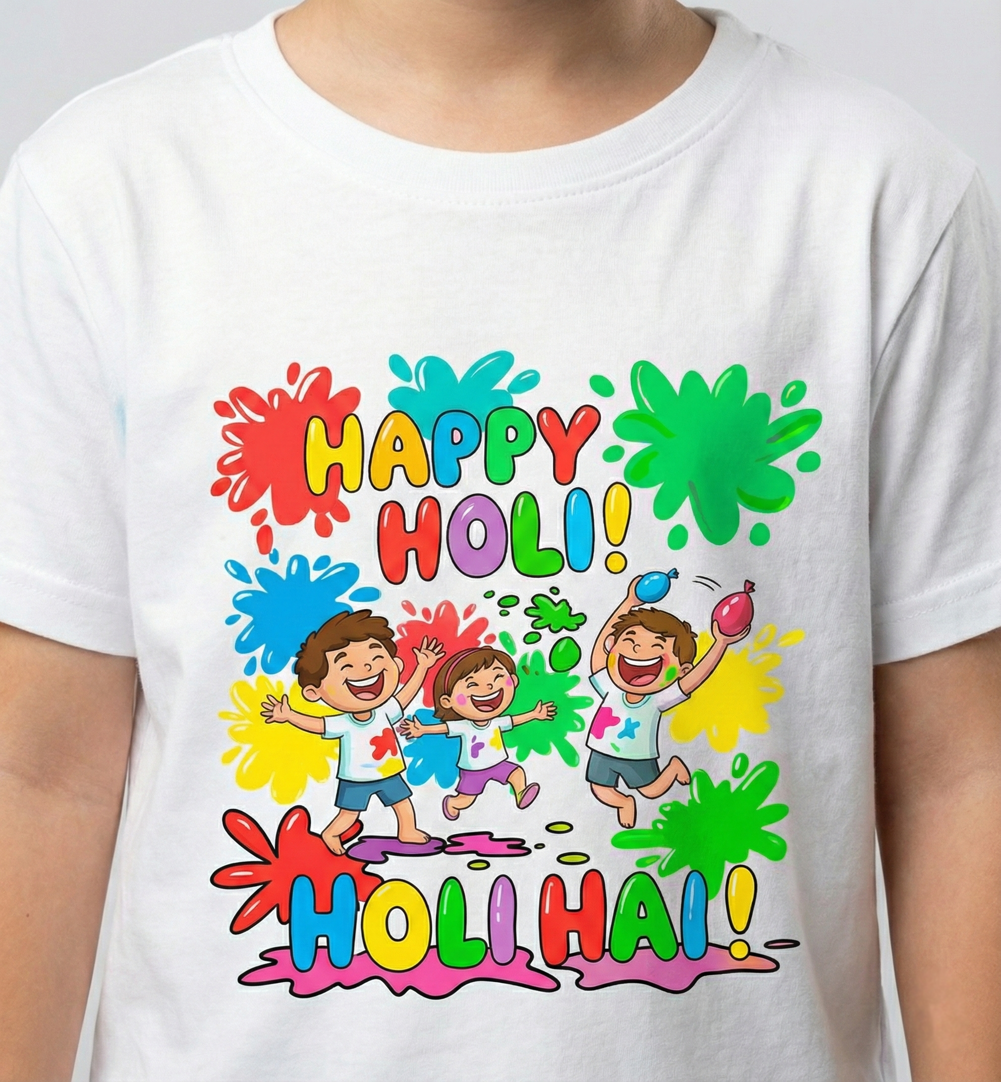 Kids Happy Holi T-Shirt | Cute Color Splash Holi Hai Print | White Festival Tee