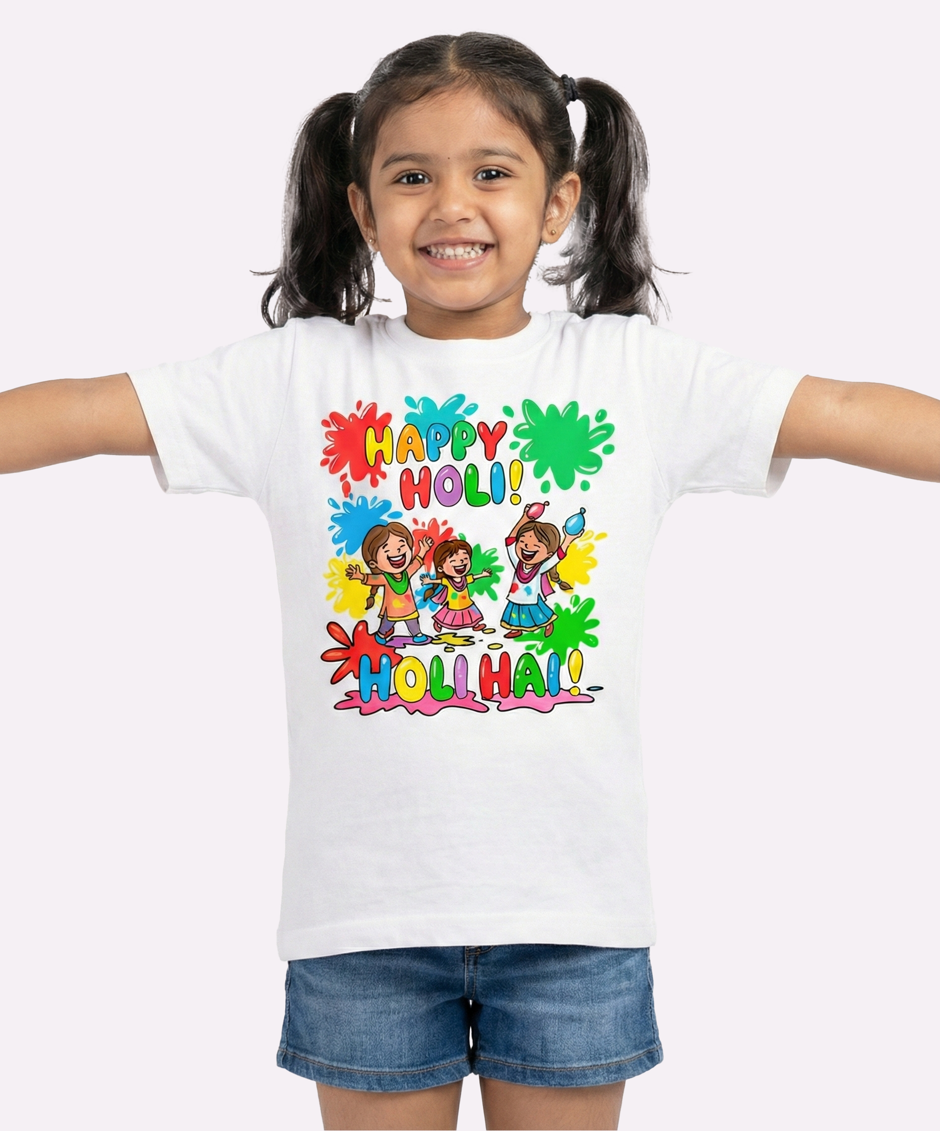 Happy Holi Holi Hai Kids Girls White Cotton T-Shirt | Cute Festival Printed Tee for Girls