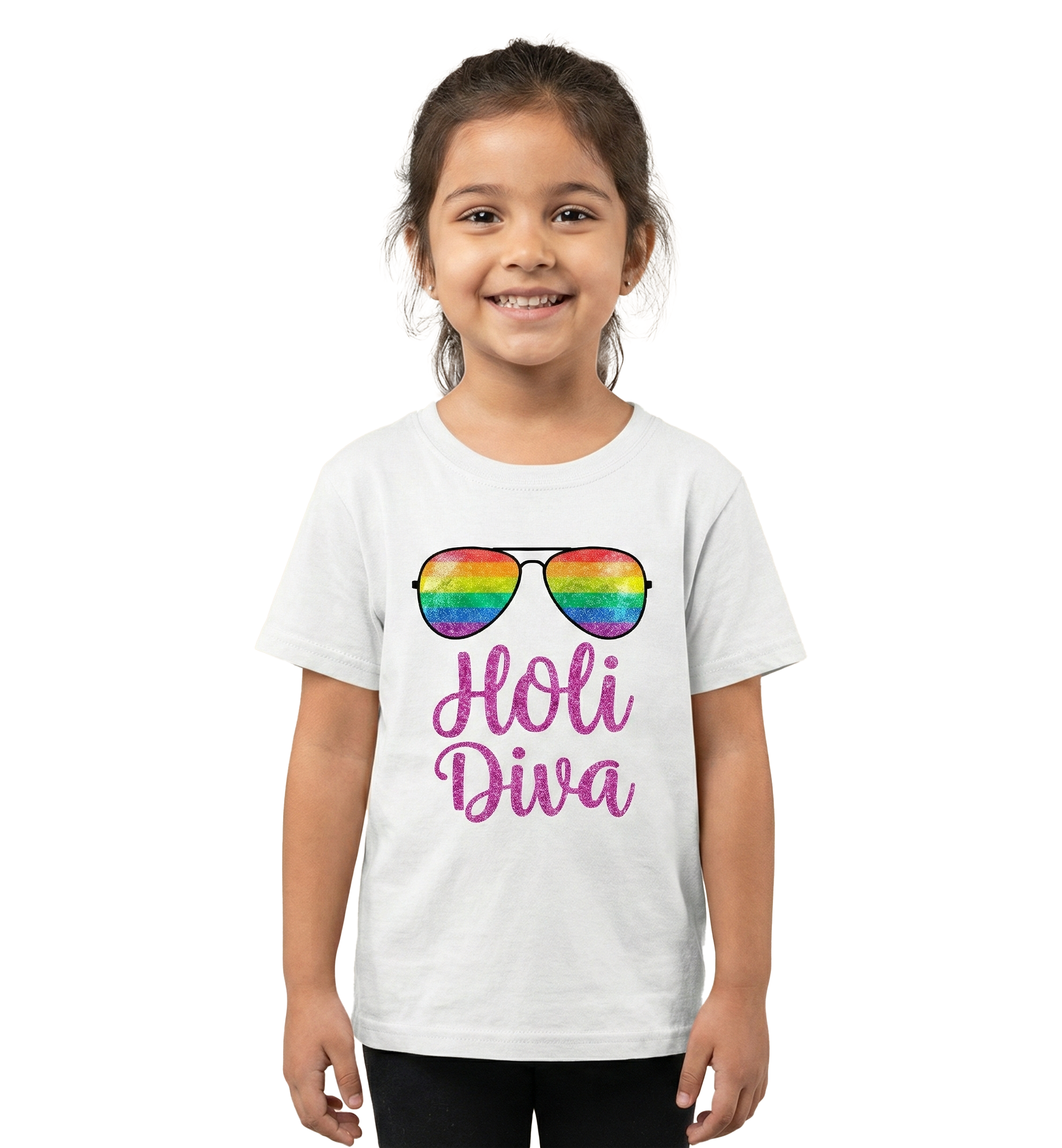 Holi Diva Girls T-Shirt – Rainbow Sunglasses Glitter Print Kids Holi Festival Tee