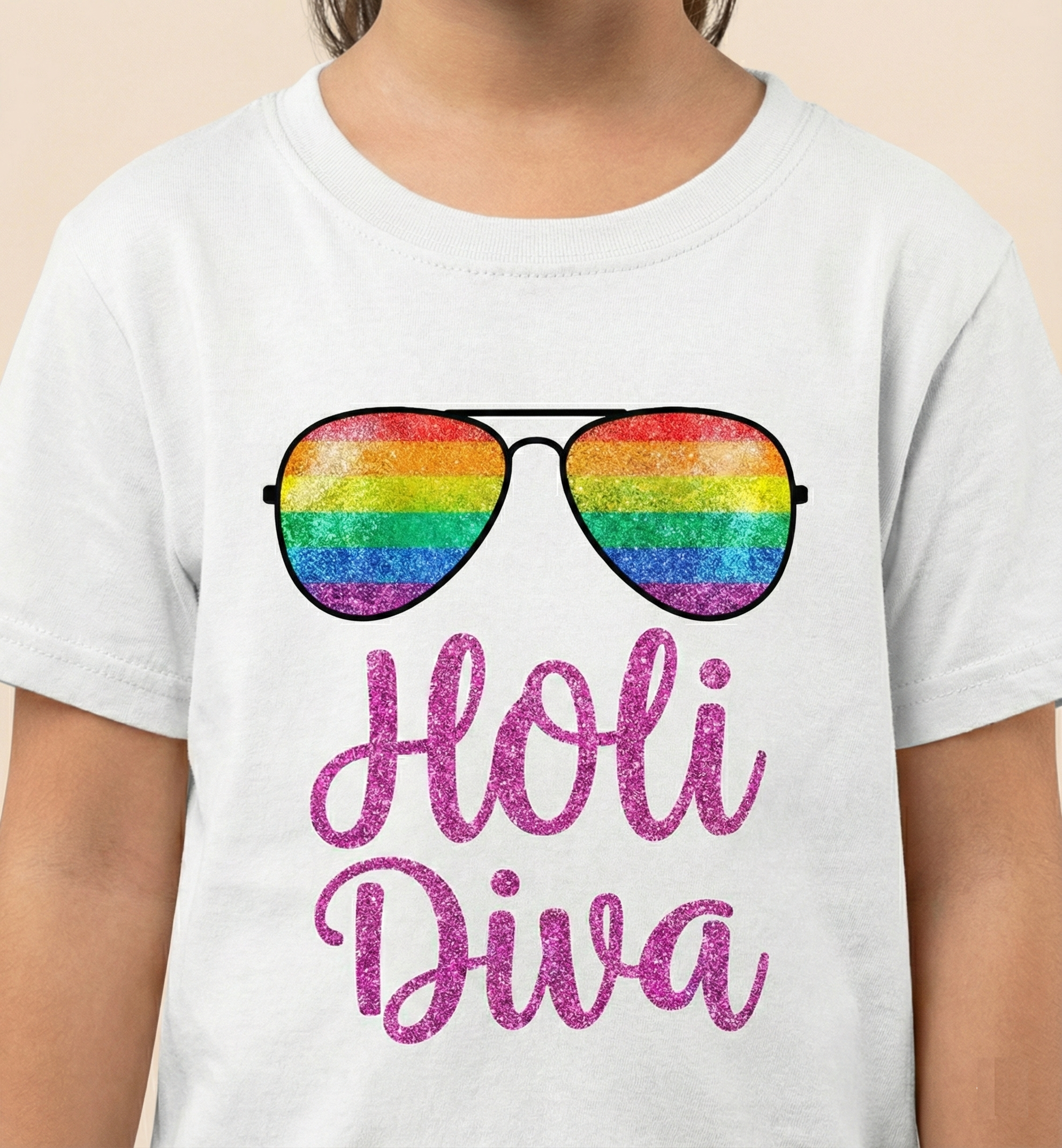 Holi Diva Girls T-Shirt – Rainbow Sunglasses Glitter Print Kids Holi Festival Tee