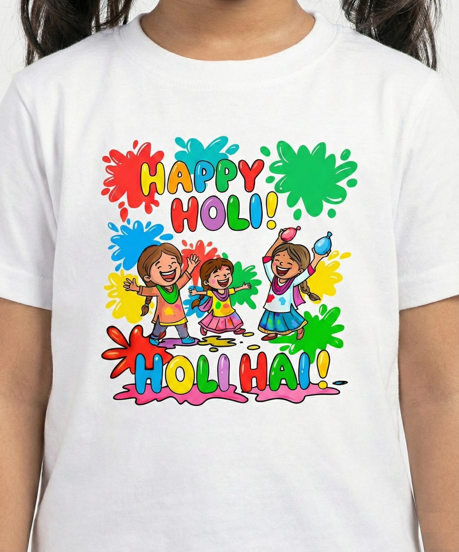 Happy Holi Holi Hai Kids Girls White Cotton T-Shirt | Cute Festival Printed Tee for Girls