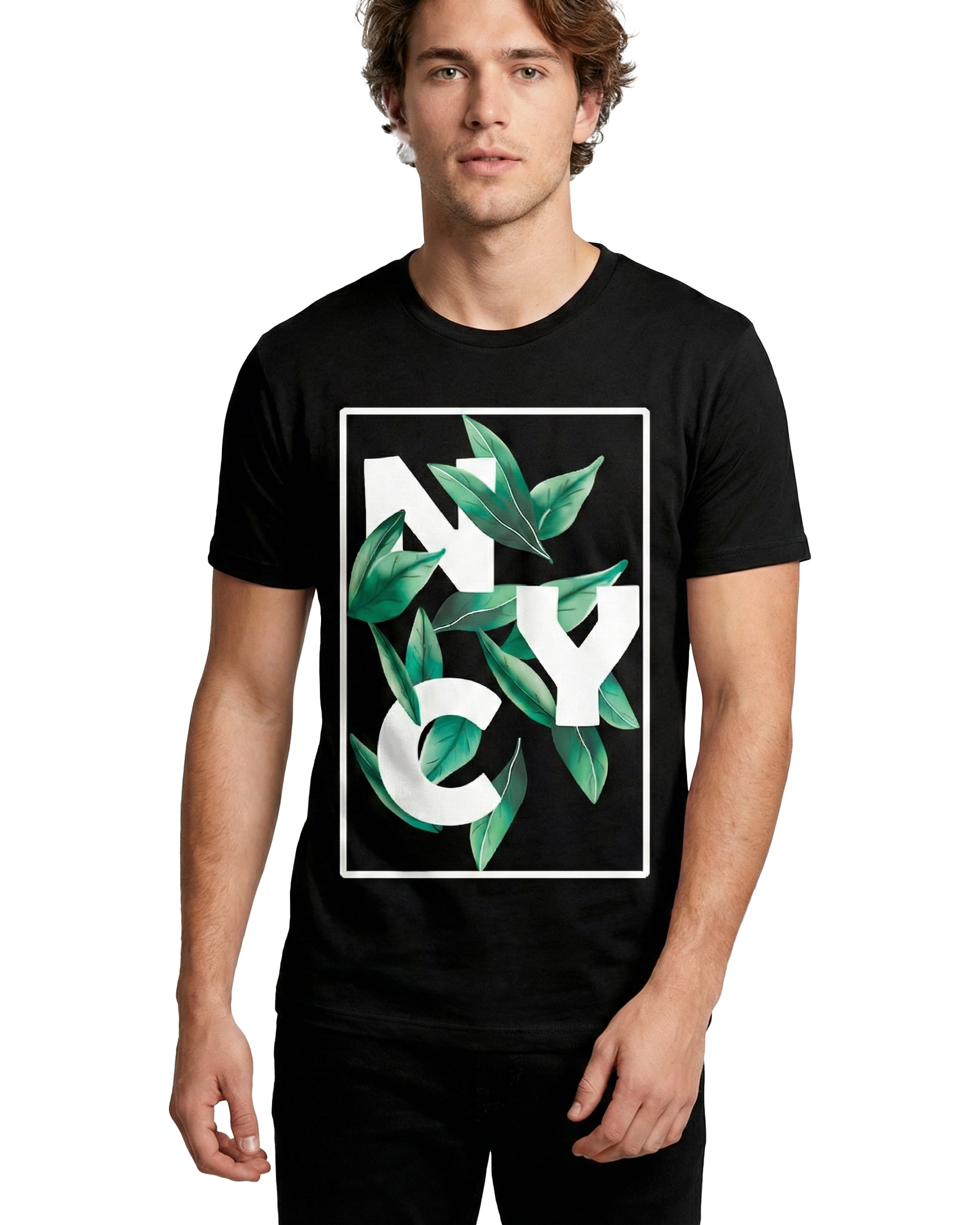 NYC Leaf Frame Graphic T-Shirt for Men – Premium Cotton Black Casual Tee